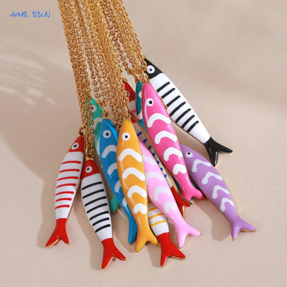 Cute Colorful Enamel Fish Pendant Necklaces For Women Girls Lovely Stainless Steel Gold Color Summer Waterproof Beach Jewelry