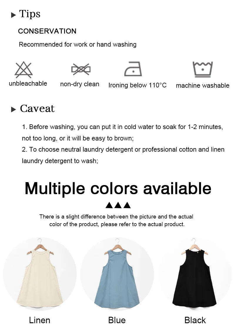 Classic Solid Color Cotton-Linen Women's Dress New Arrival Simple Sleeveless Tank Dress Casual Round-Neck Summer Dresses