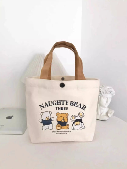 Little Bear Canvas Bag, Female Printed Versatile, Student Portable, Office Handbag, Bento Bag, Handbag, Sail Bag