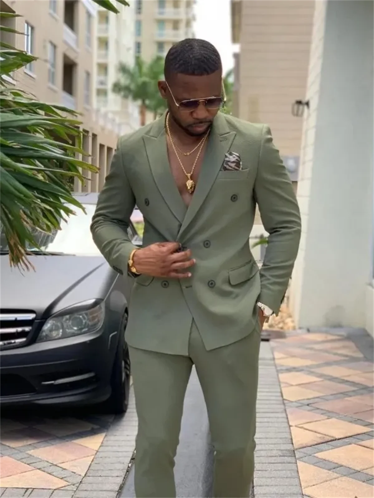 2 Pieces New Fashion Green Double Breasted Men Suits Wedding Slim Fit Tuxedo Terno Masculino Prom Groom Blazer Custom Made
