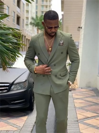 2 Pieces New Fashion Green Double Breasted Men Suits Wedding Slim Fit Tuxedo Terno Masculino Prom Groom Blazer Custom Made