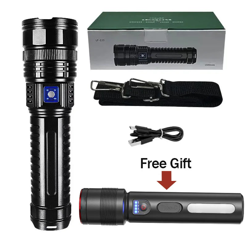 10000LM Most Powerful Led Flashlights Tactical 15000mah Built-in Battery 800W Flash Light Emergency Spotlights 4km Holiday Gifts