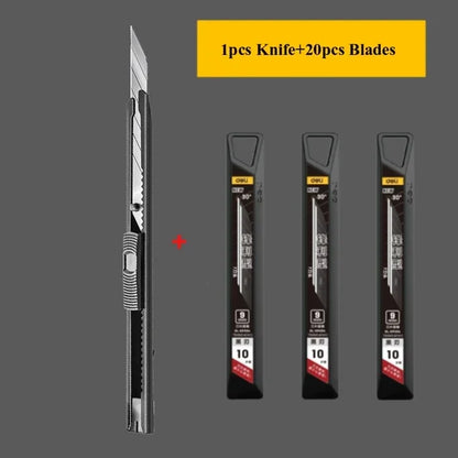 Deli Retractable Office Use Utility Knife High Carton Steel 9mm 30 Degree Blade Box Cutter Self-Locking Design Cutting Knives