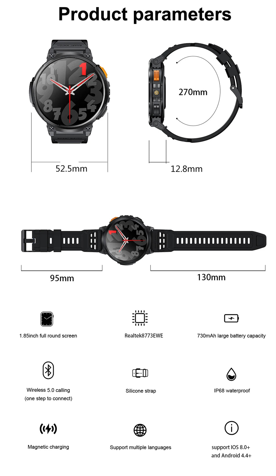LIGE 1.85-inch AMOLED Smart Watch Men with LED Flashlight IP68 Waterproof Smartwatch 730mAh Bluetooth Call Smartwatches For Men