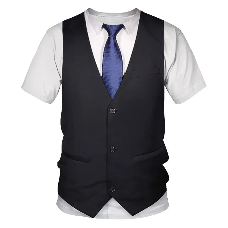 3D Printed Funny Fake Suit T Shirt Men's Tuxedo Tie Pattern Tops Summer Harajuku Loose T-Shirts Short Sleeves Round Neck Tees