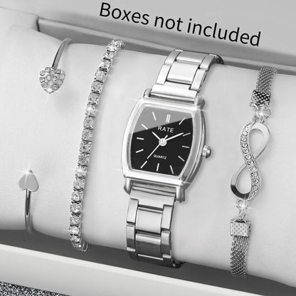4PCS/Set Fashion Women Watches Elegant Silver Alloy Strap Quartz Wristwatch Rhinestone Bracelets Set Reloj Mujer(Without Box)