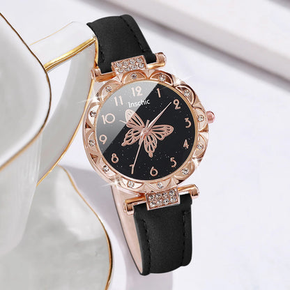6PCS/Set Women's Watch Fashion Rhinestone Leather Band Quartz Watches Butterfly Jewelry Set(Without Box)