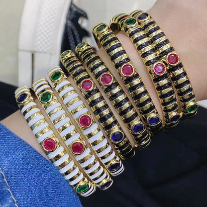 Fashionable Multicolor Gold Plated Gemstone Charm Bangle,Fine Colorful Enamel Open Adjustable Bracelet Jewelry Supply  Q35