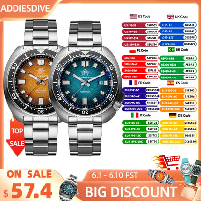 ADDIESDIVE New 43.8mm Watch for Men Dive AD2511 Luxury Sapphire Quartz Wristwatch 100m Waterproof Stainless Steel Luminous Watch