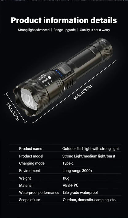 Super Bright LED Flashlight Type-C Rechargeable Long Range Tactical Torch Outdoor Waterproof Emergency Camping Fishing Lantern