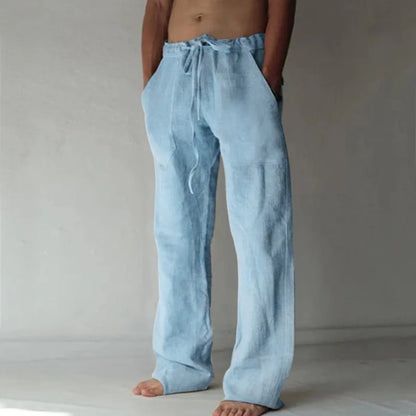 Men's Cotton Linen Long Pants Summer Solid Color Breathable Linen Trousers Male Casual Elastic Waist Casual Pants  Men ﻿