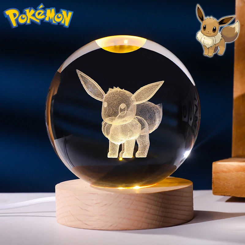 6CM Pokemon 3D Crystal Ball Figure Toy Anime Gengar Rayquaza Pikachu Lugia Vaporeon Glass Ball Model Night Light Room Decoration