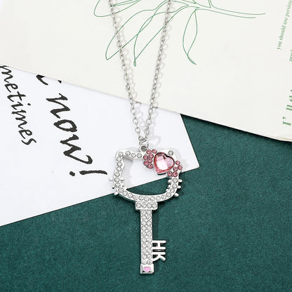 Kitty Cat Necklace Anime Pink Peach Heart Crystal Cat Key Pendant Jewelry Gift for Fans