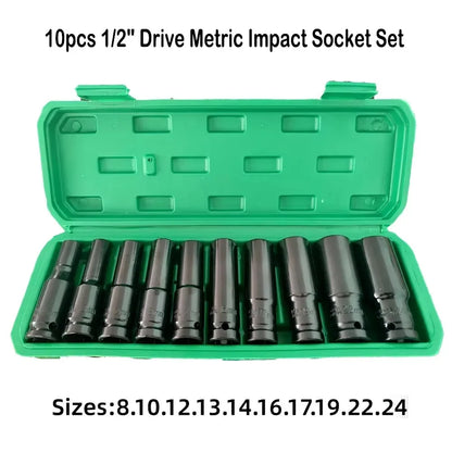 Heavy Duty 10 Pcs 1 2 Inch Drive Metric Deep Impact Socket Set Universal Durable for Pneumatic Air Repair Tools
