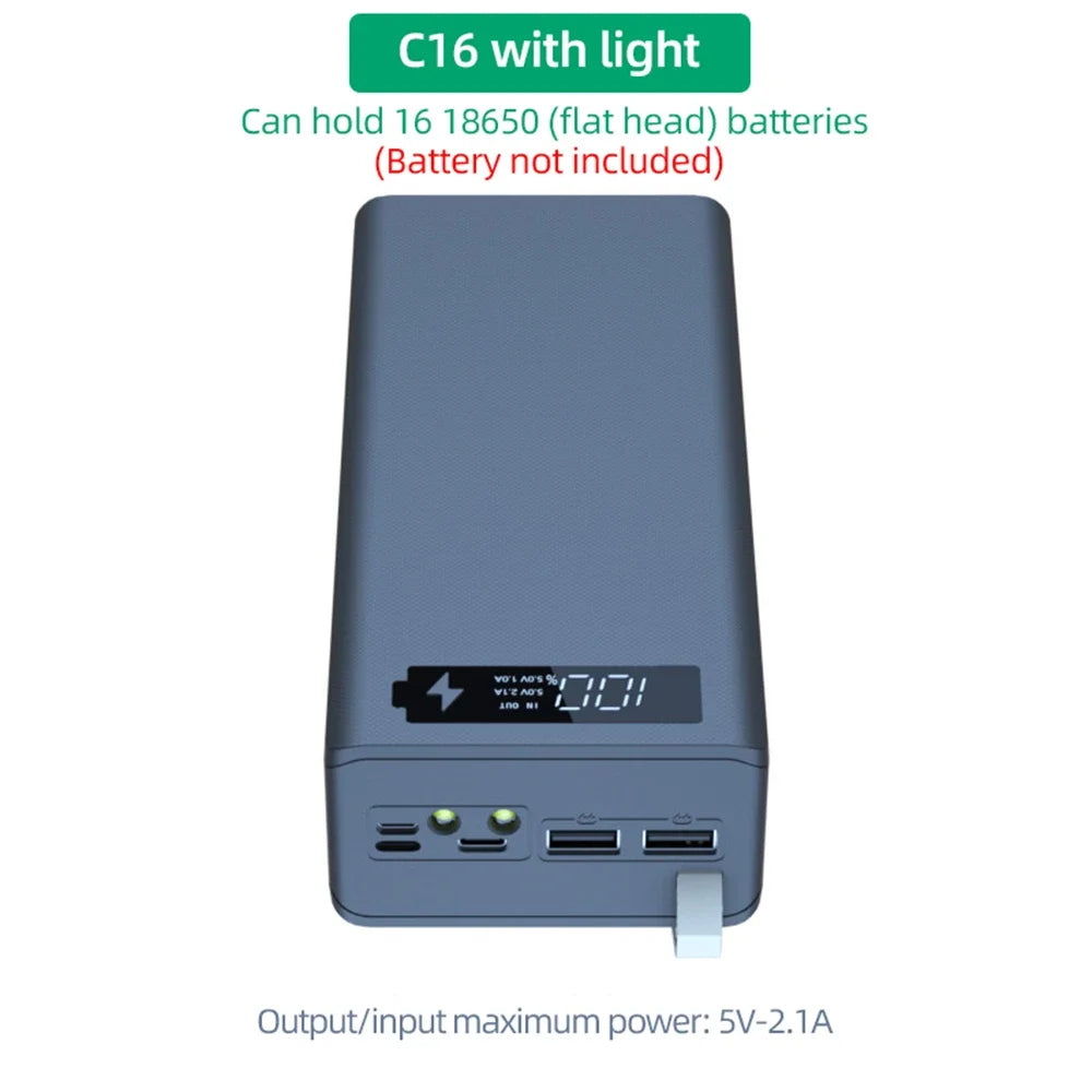 C16 Power Bank Case 16*18650 USB Welding Free Power Bank Case Detachable Portable QC 3.0 PD DIY Shell Housing For Powerbank