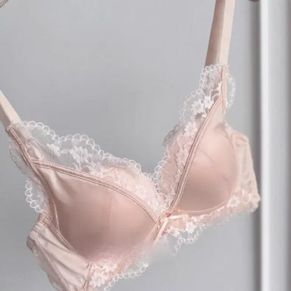 French Style Lace Satin Splice Bra Set Women Small Chest Gathered Lift Up Comfortable Soft Daily Underwear Lingerie Suit 32-38AB