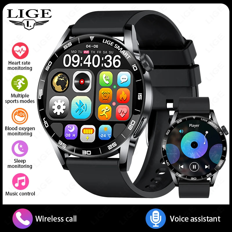 LIGE Full Touch Smartwatch Outdoor Military Smart Watch 1.38" HD Screen Bluetooth Call IP68 Waterproof Sport Fitness Watches Men