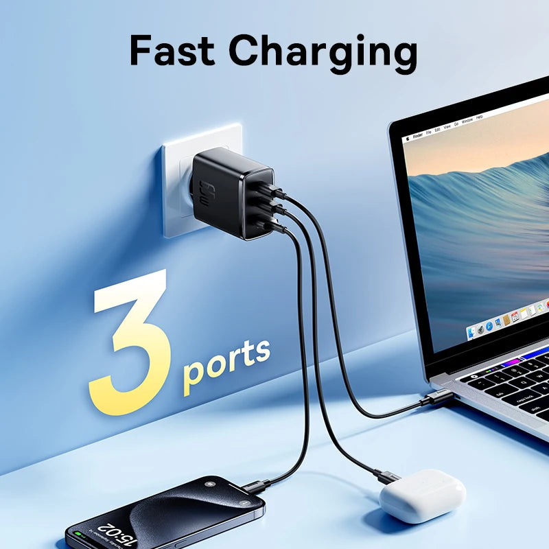 Ładowarka Baseus 65W USB C GaN, wspiera ładowanie QC PD, przenośna szybka ładowarka do iPhone'a 17 16 15, Xiaomi, ładowarka do laptopa
