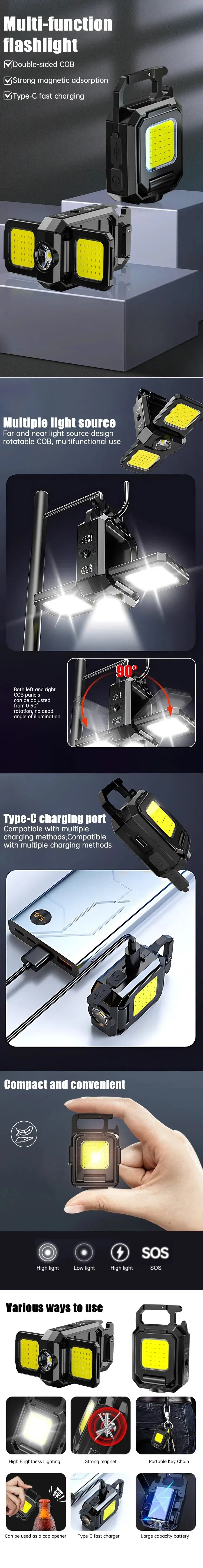 Super Bright Keychain Flashlight Mini COB Portable Work Light USB Rechargeable Outdoor Camping Fishing Pocket Lamps With Magnet