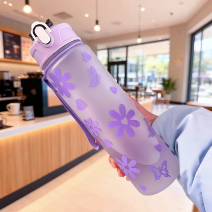 750ML Matte PC Water with Cute Bowknot Pattern Leakproof Includes Straw and Carry Handle Spring-Loaded Lid Bottle