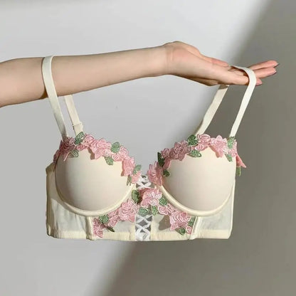 Women's Sweet Vintage Floral Embroidered Wireless Bra Set, Push Up Lace Bralette for Small Bust Daily Wear