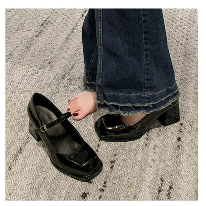Ladies Summer Black New Small Leather Shoes Mary Janes Vintage Buckle Non-Slip Sandals Woman Medium Heels Casual Elegant Heels