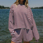 Combhasaki Women 2Piece Striped Y2k Outfits Set Casual Long Sleeve Crew Neck Shirt Tops+Elastic Waist Wide Leg Shorts Tracksuits