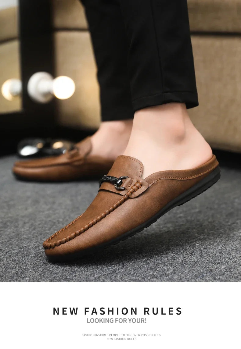 Summer Half Shoes For Men Comfortable Leather Casual Shoes Soft Flat Men's Loafers Lightweight Slip-on Shoes Man Daily Slippers