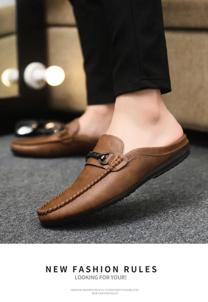 Summer Half Shoes For Men Comfortable Leather Casual Shoes Soft Flat Men's Loafers Lightweight Slip-on Shoes Man Daily Slippers