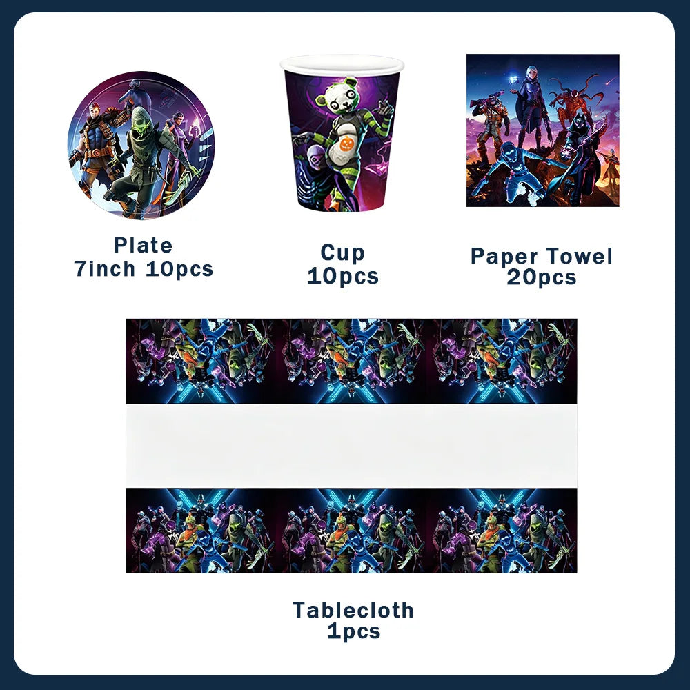 Fortnite Theme Birthday Party Decorations Shooting Game Balloon Cup Plate Tablecloth Banner Baby Shower Kid Favors Supplies Gift
