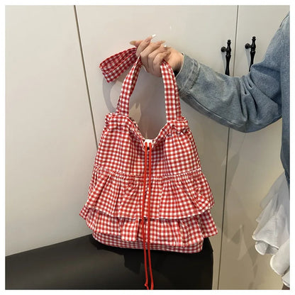 Cute Plaid Cotton Tote Bag Large Capaci Lace Trim Women's Summer 2026 Simple Lady Handbag Soft Shoulder Bags Bolsa Feminina