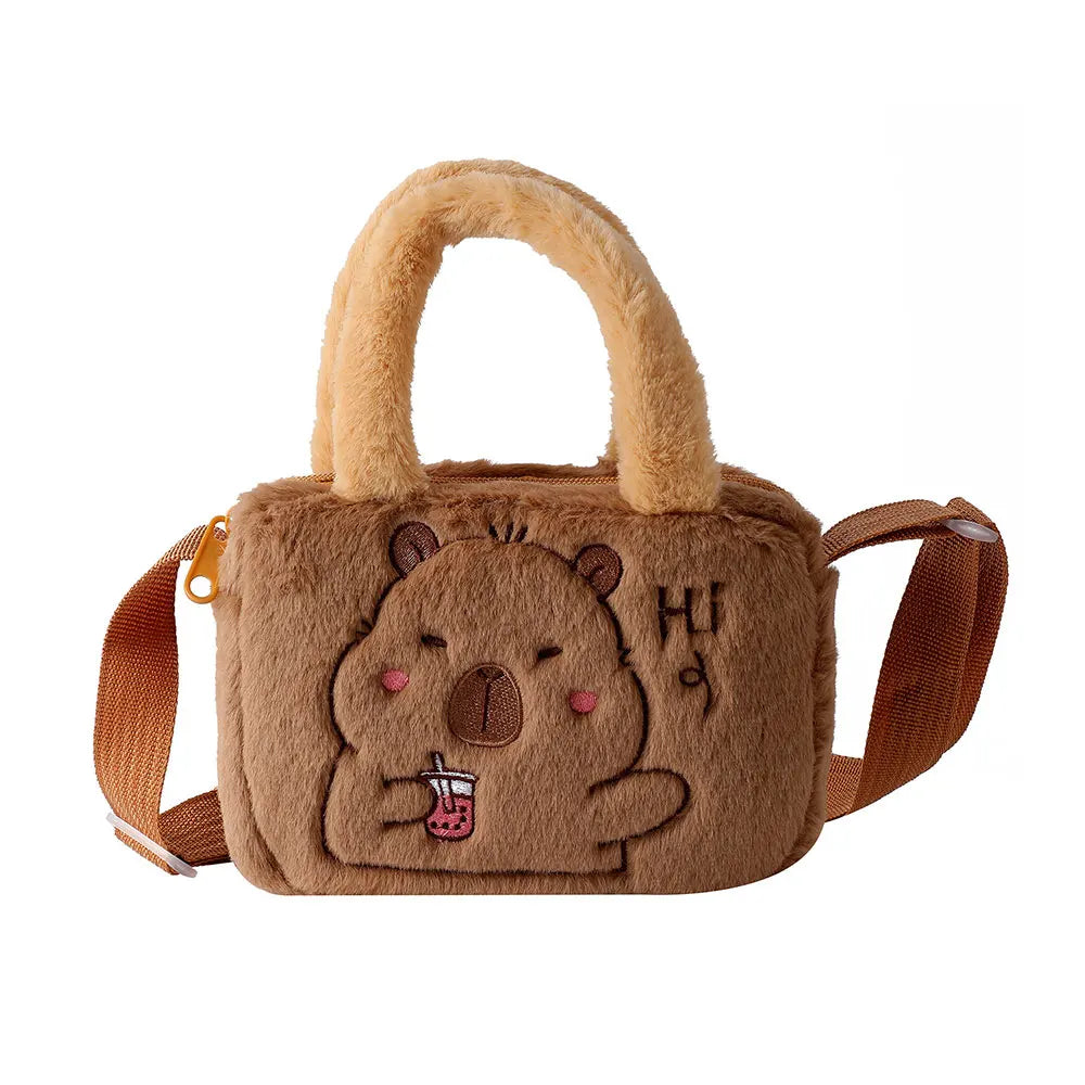 Stylish Cute Embroidered Capybara Plush Handbag Kawaii Cartoon Plush Shoulder Bag Lightweight Soft Small School Bag Square Bag