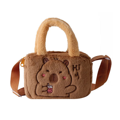 Stylish Cute Embroidered Capybara Plush Handbag Kawaii Cartoon Plush Shoulder Bag Lightweight Soft Small School Bag Square Bag