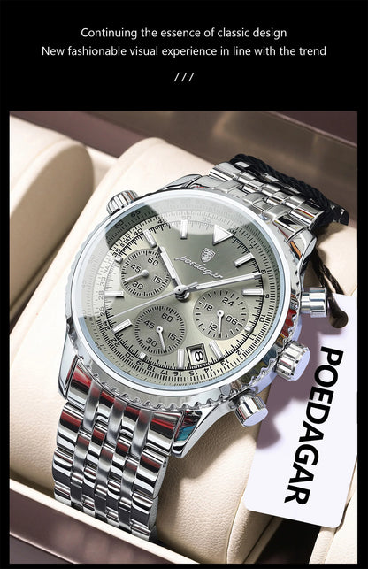 POEDAGAR Luxury Fashion Men Watch Stainless Steel Waterproof Luminous Quartz Male Clock Date Chronograph Military Men's Watches