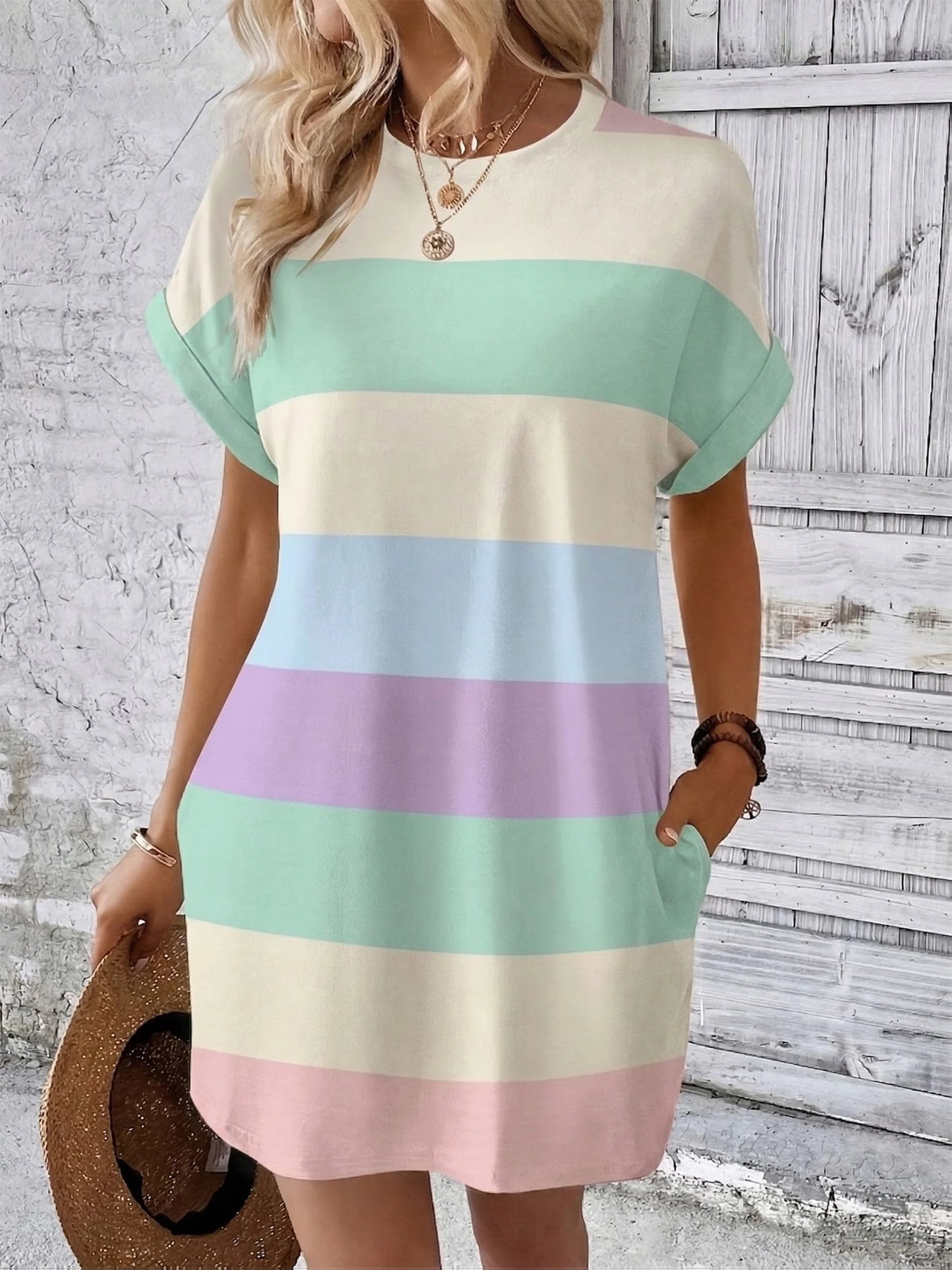 Plus Size Striped Women's T-Shirt Dress Casual Loose Short Sleeve Summer Dress with Pockets