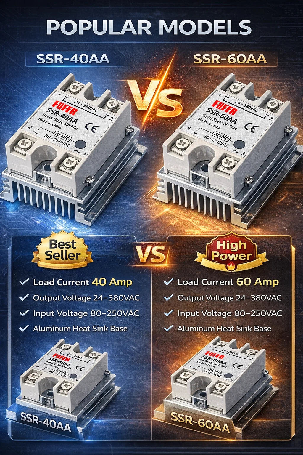 SSR-25AA 40AA 60AA AC Solid State Relay Single Phase AC-AC 80-250VAC Input 24-380VAC Output