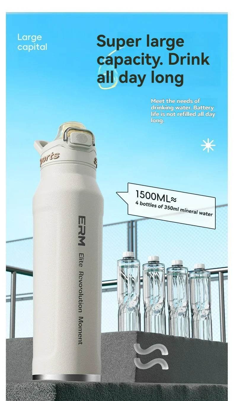 1L Stainless Steel Thermos Bottle, Iced & Heat Insulated Cup, Hiking Cycling Fitness Vacuum Flask with Handle