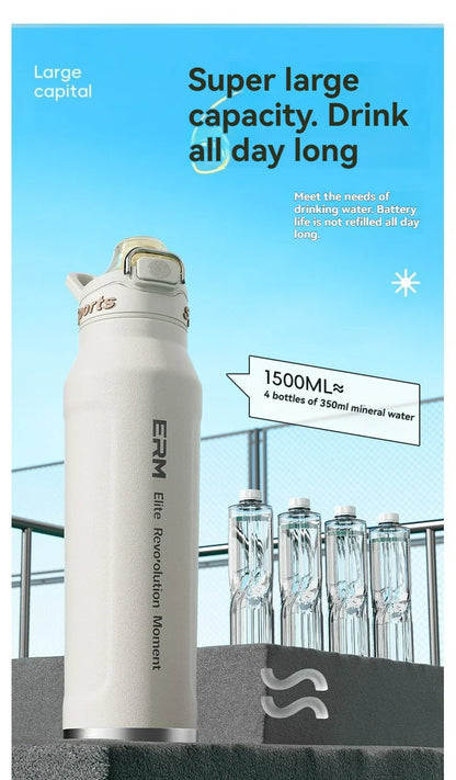 1L Stainless Steel Thermos Bottle, Iced & Heat Insulated Cup, Hiking Cycling Fitness Vacuum Flask with Handle