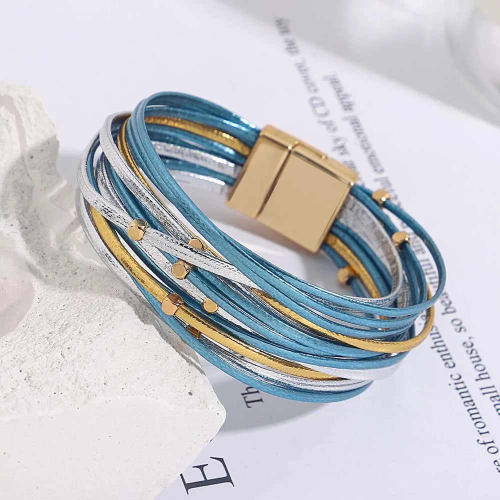 ALLYES Charm Triple Color Leather Bracelet for Women Bohemian Metal Beads Multilayer Thin Strip Wrap Bracelets Fashion Jewelry