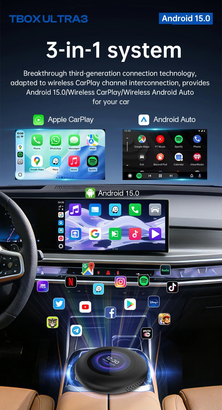 Ultra3 Android Tv Box Android 15 Wireless Carplay Adapter QCM6350 Smart Car Ai Box Carplay For BMW Netflix Youtube 5G LTE