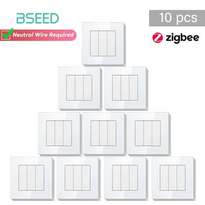 Bseed Zigbee Button Switchs Need Neutral Wire Tuya Smart Life Alexa App Control Glass Frame 86*86mm White Light Switch