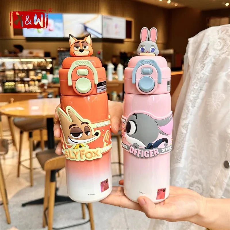 X&W  Zootopia Judy Nick Stainless Steel Insulated Cup Double Drinking Straw Cup Warm and Cold Proof Outdoor Sports Water Bottle