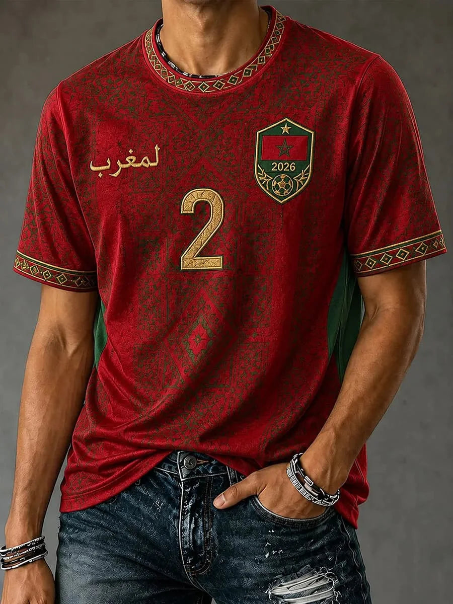 2026 Morocco Fan Football T-Shirt, Red Letter Print Quick Dry Short Sleeve Casual Sports Jersey Unisex