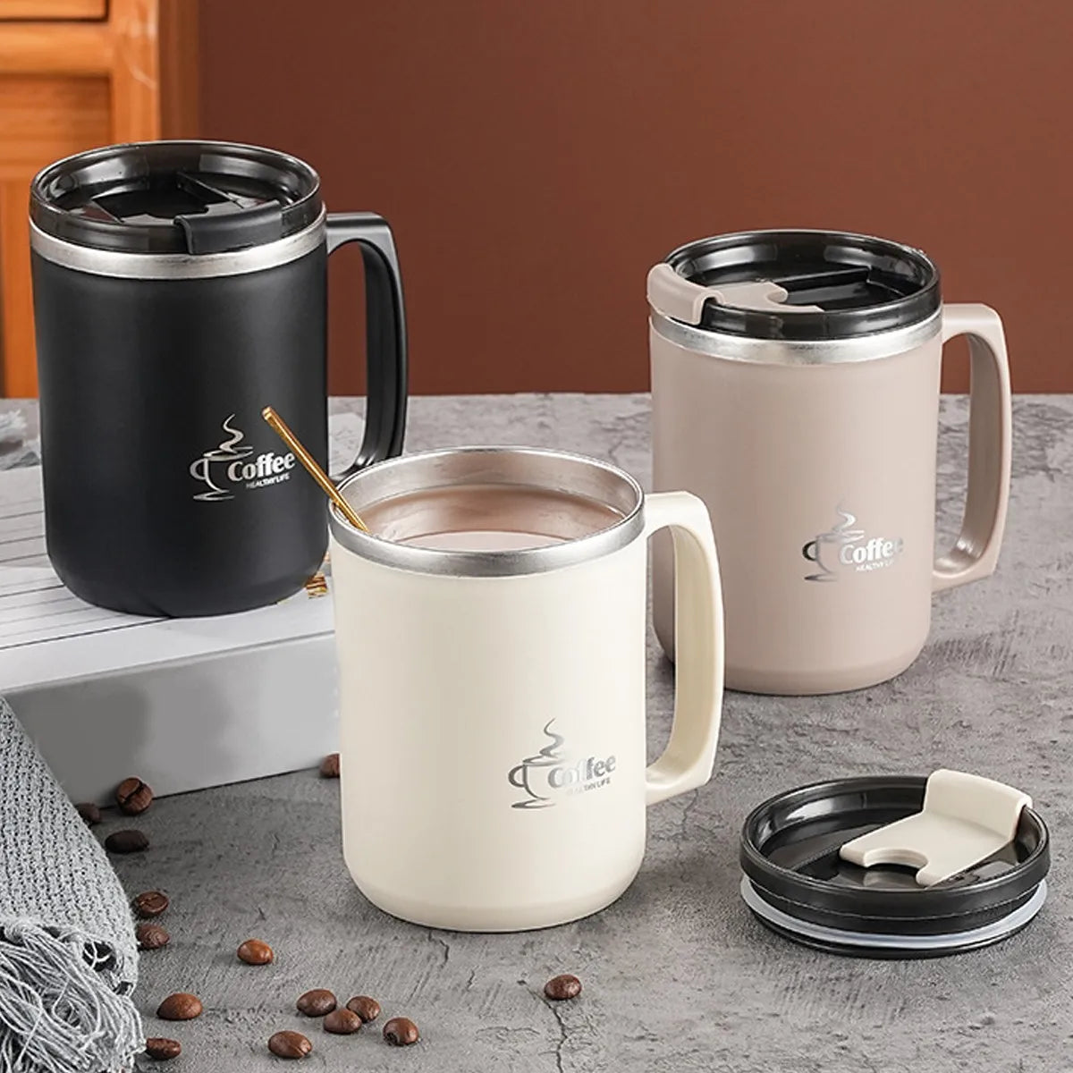 450ML Thermos Mug 304 Stainless Steel Double Wall Insulated Milk Coffee Cup With Handle & Lid Leak-proof Drinking Cup Drinkware