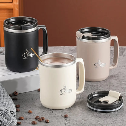 450ML Thermos Mug 304 Stainless Steel Double Wall Insulated Milk Coffee Cup With Handle & Lid Leak-proof Drinking Cup Drinkware