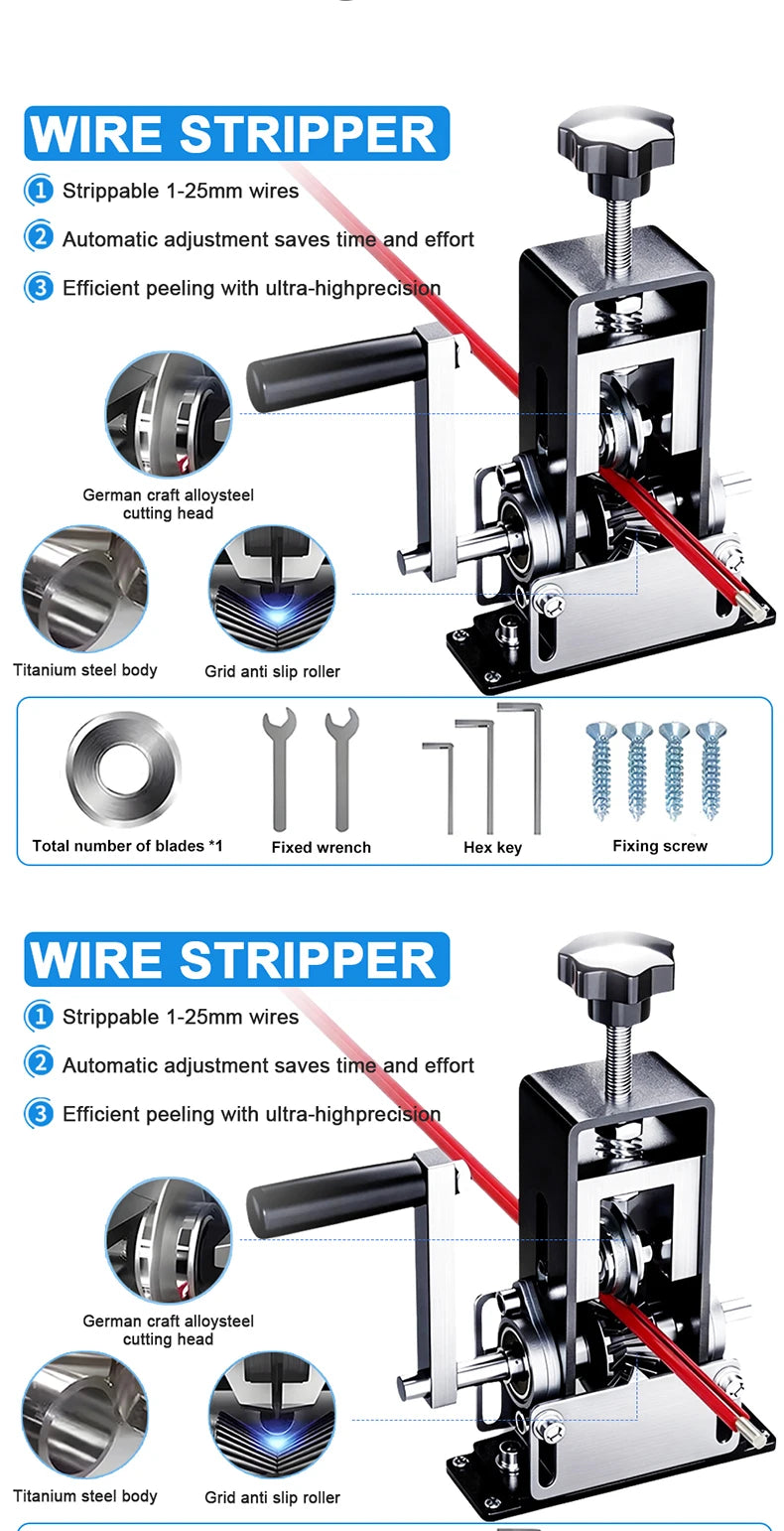 1-70mm² Wire Stripper Manual Wire Stripping Tool Cable Stripper Peeling Machine Compatible with Hand Crank Electric Drill Peeler