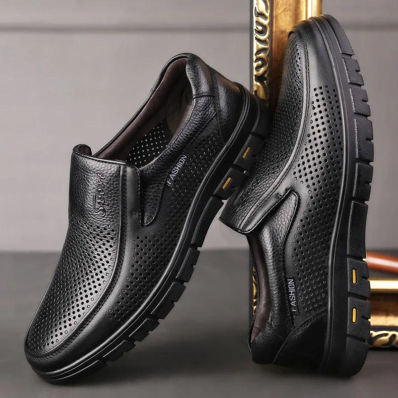 Men's Slip-On Shoes Summer Hollow out Breathable Comfortable Soft Bottom Anti-Slip Leather Shoes-8867-1