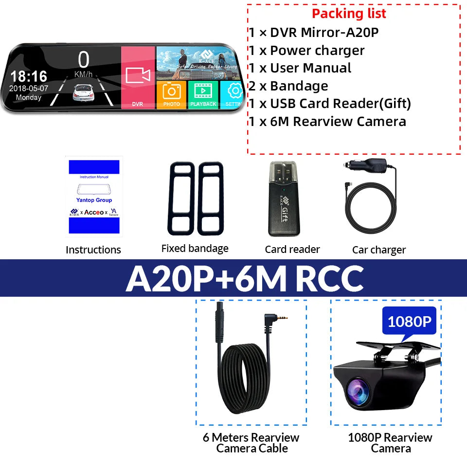 E-ACE 10 Inch Car DVR Mirror Video Recorder 1080P Touch Screen Dashcam For Car AHD Lens Streaming Driving Recorder Dash Camera