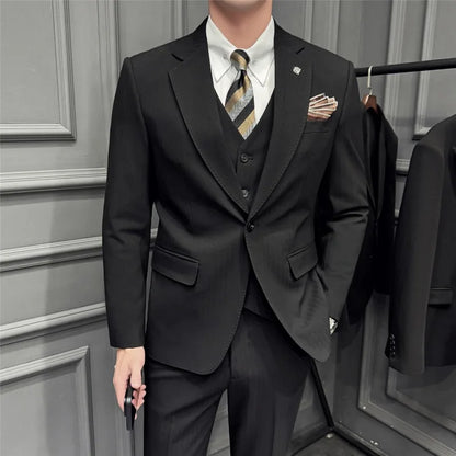Men Suit Outfit Simple Solid Turn Down Collar Blazer Man Single-breasted Vest Straight-leg Pant Male Slim Wedding 3-piece Set