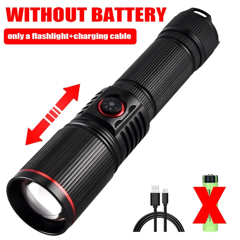 Aluminum Alloy White Laser Powerful LEP Flashlight 18650 or 21700 Battery Zoom Torch Light Lamp with Tail Rope Power Indicator